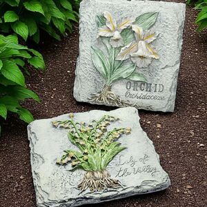 Vintage70s Wall Tiles Lily of the Valley & Orchid 3D Textured Handpainted 4.5"